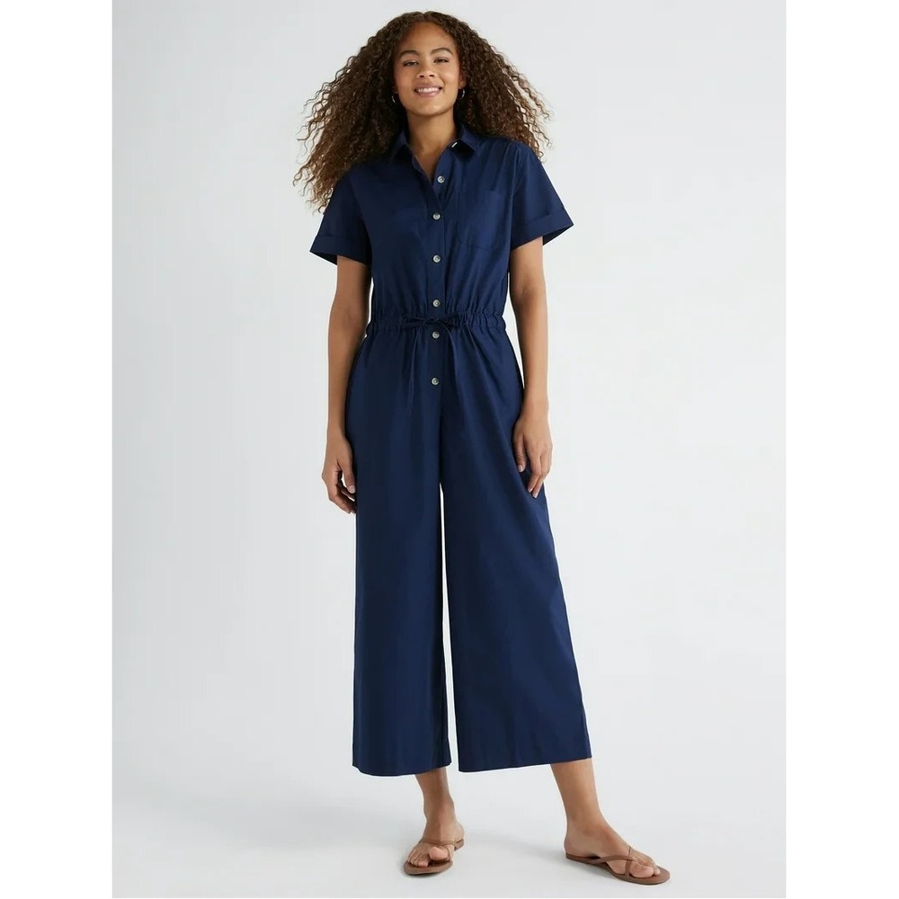 Free Assembly Jumpsuit Womens SMALL Navy Blue Short Sleeve Wide Leg Utility